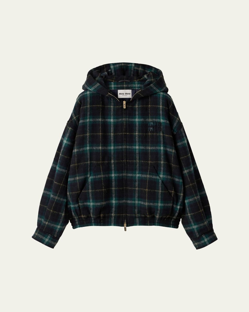 Plaid Zip-Up Hooded Wool Mohair Jacket